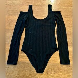 Black Ribbed Open Shoulder Bodysuit